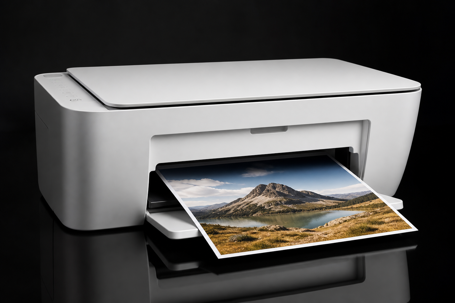 White printer on a dark surface printing a landscape photo