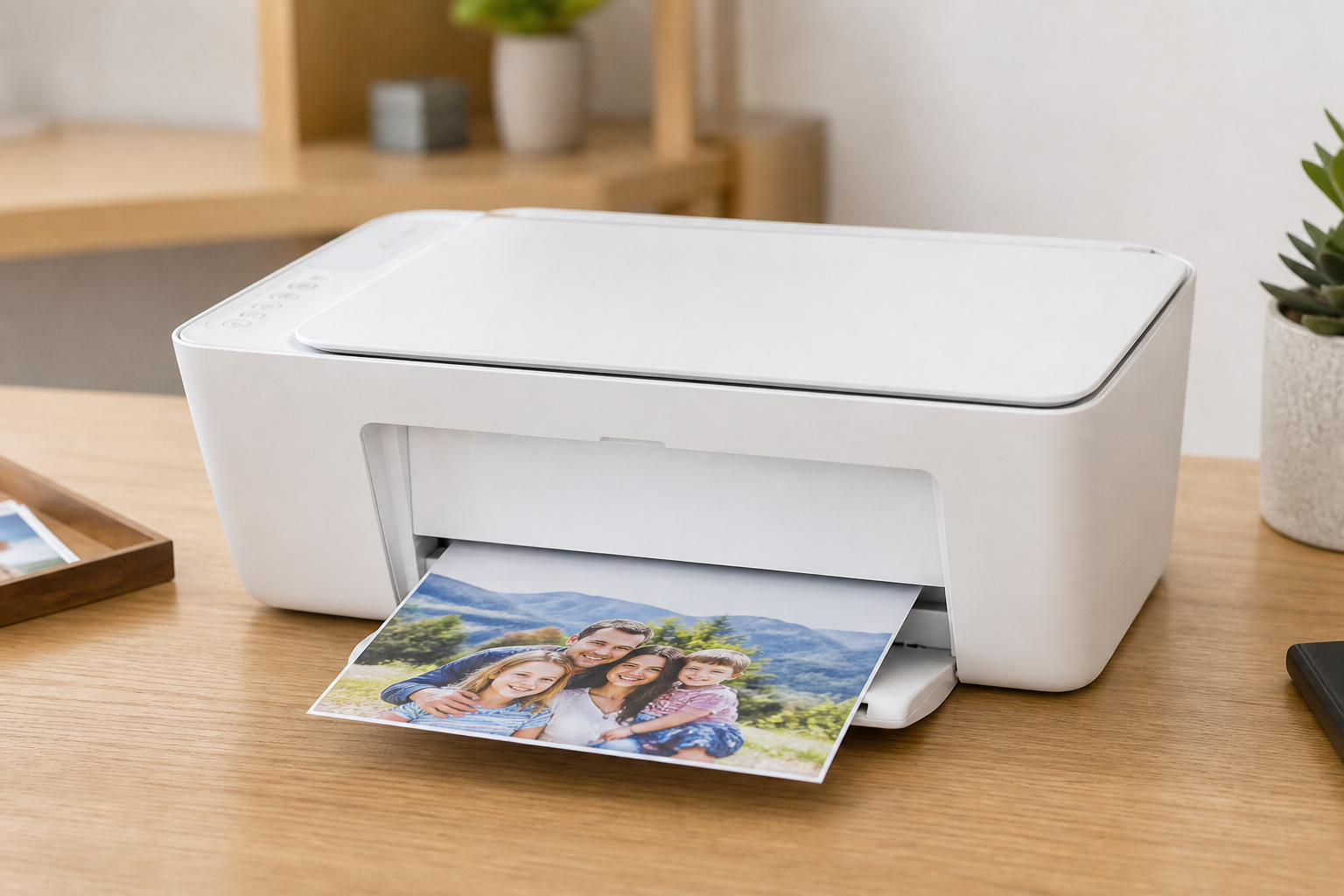 Inkjet printer on a desk printing a color photo