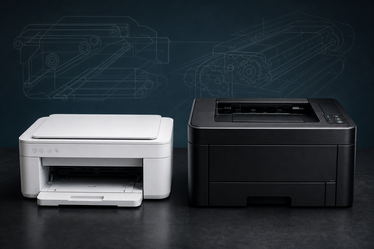 Inkjet and laser printers used for guided driver setup